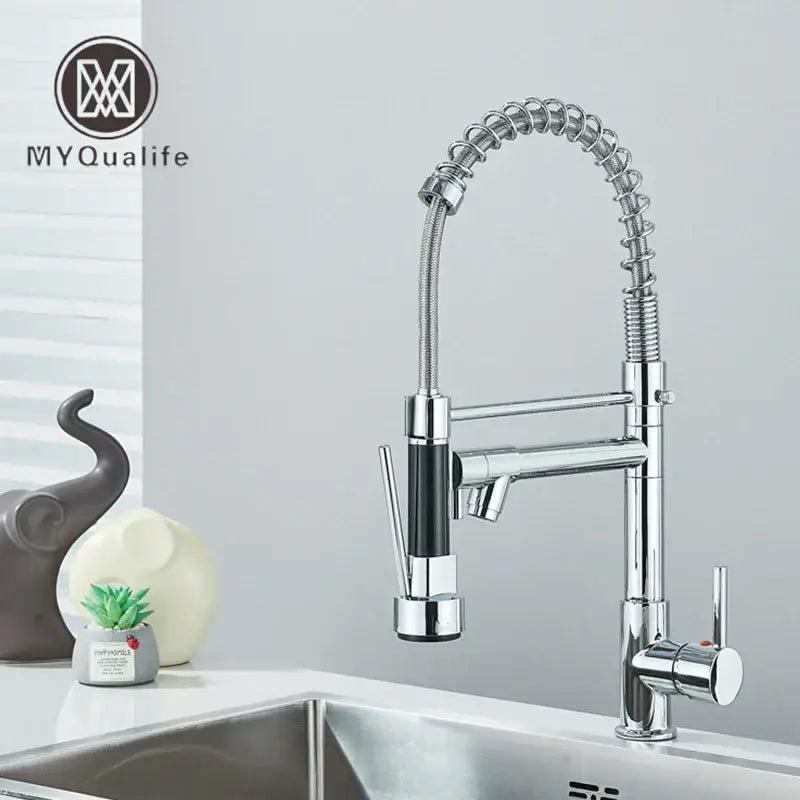Chrome and black dual spout brass kitchen sink faucet