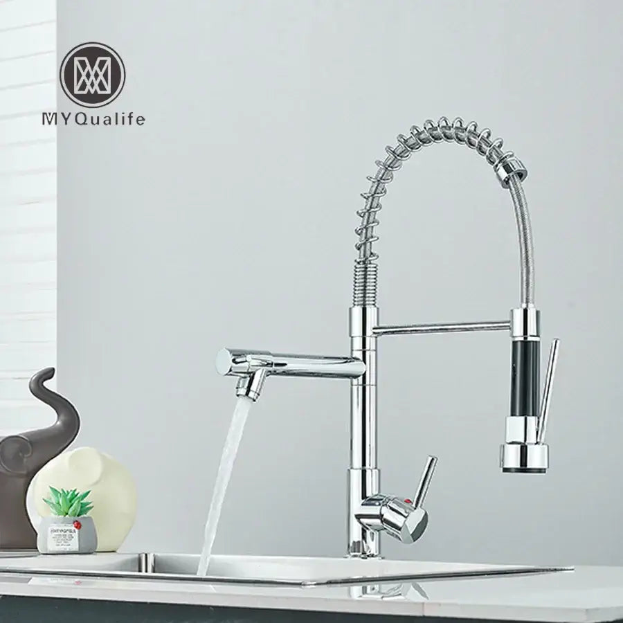 Chrome and black dual spout brass kitchen sink faucet