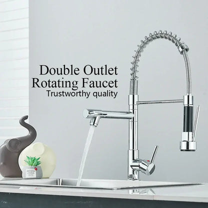 Chrome and black dual spout brass kitchen sink faucet