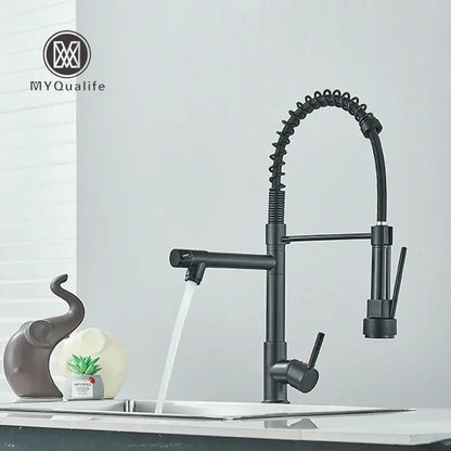 Chrome and black dual spout brass kitchen sink faucet