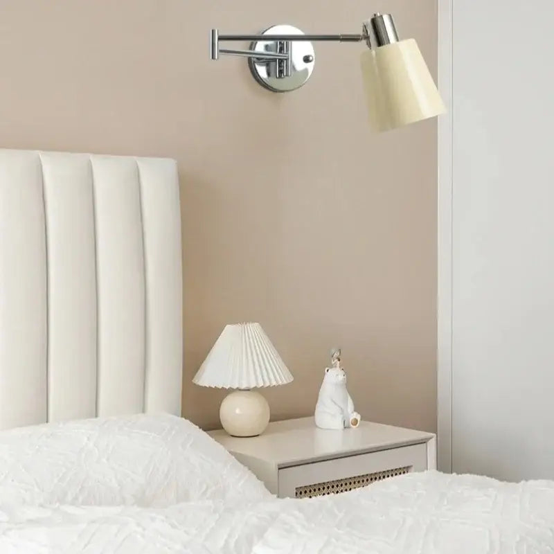 Chrome cream led swing arm wall lamp for bedroom with pull chain