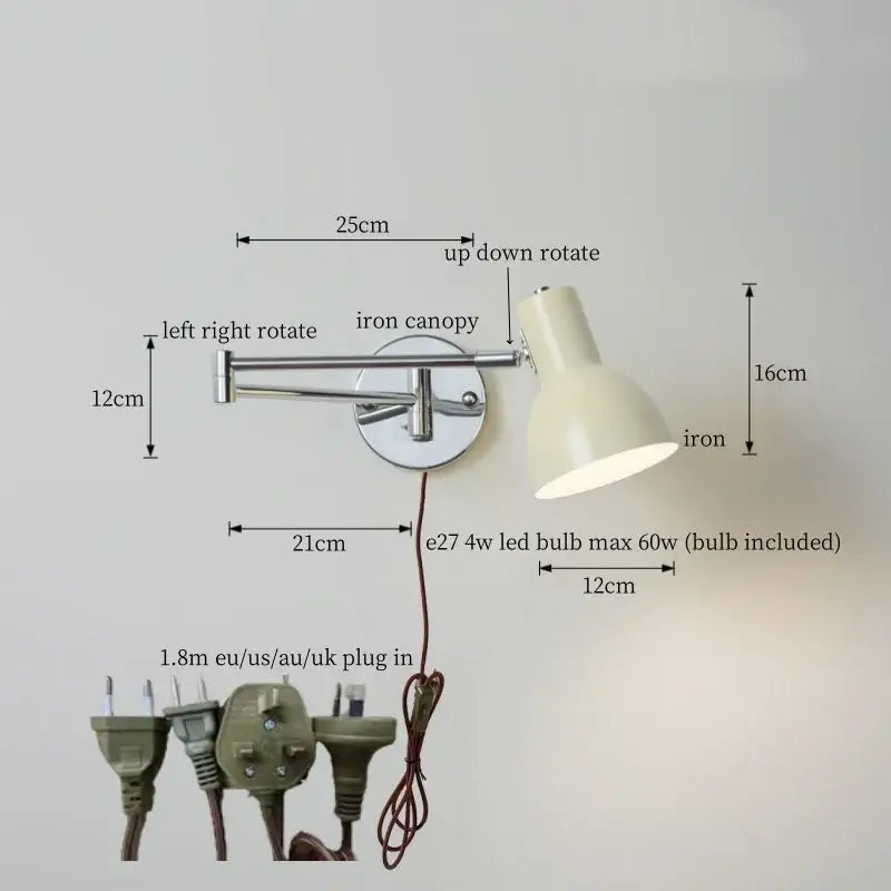 Chrome cream led swing arm wall lamp for bedroom with pull chain