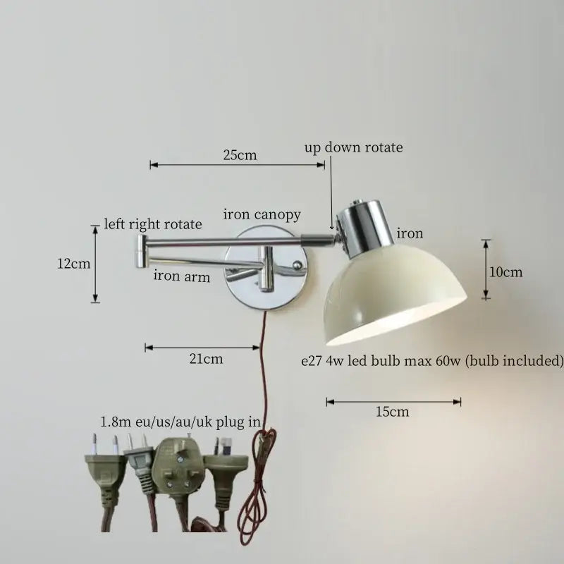 Chrome cream led swing arm wall lamp for bedroom with pull chain