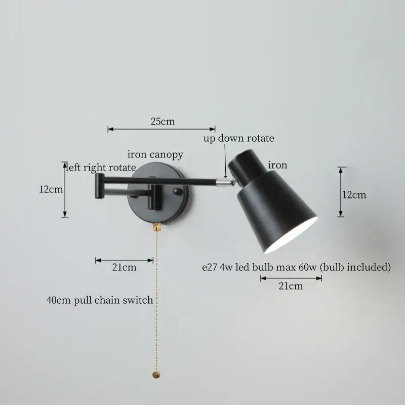 Chrome cream led swing arm wall lamp for bedroom with pull chain