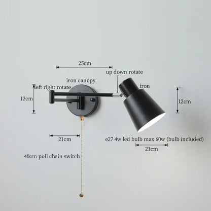 Chrome cream led swing arm wall lamp for bedroom with pull chain