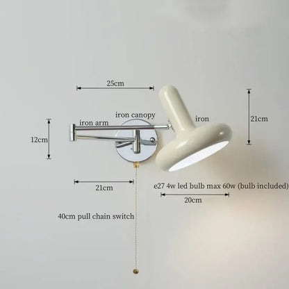 Chrome cream led swing arm wall lamp for bedroom with pull chain