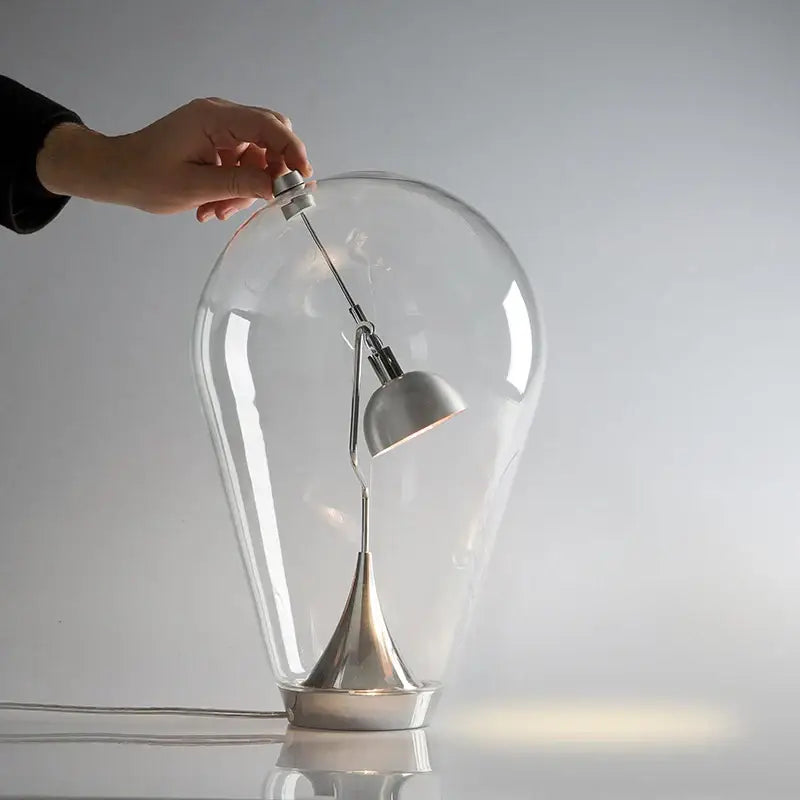 Chrome curved arm glass bulb led table lamp bedroom black shade