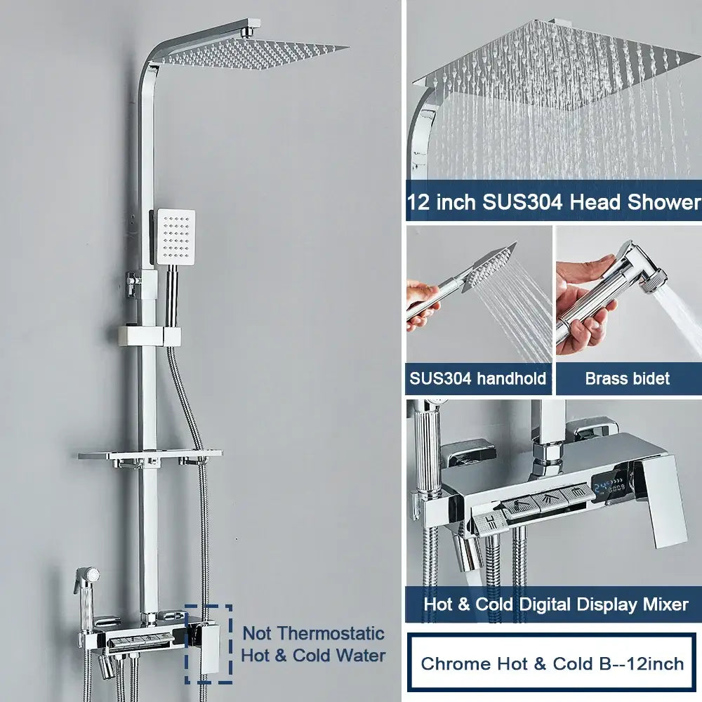 Chrome digital display shower system with tub spout bathroom