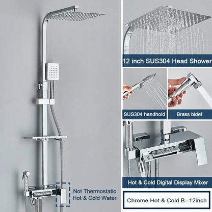 Chrome digital display shower system with tub spout bathroom