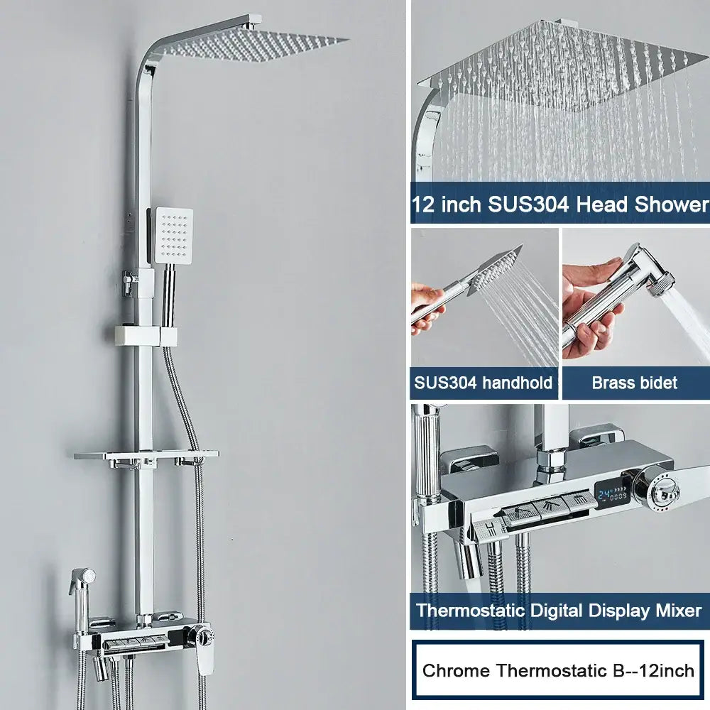 Chrome digital display shower system with tub spout bathroom