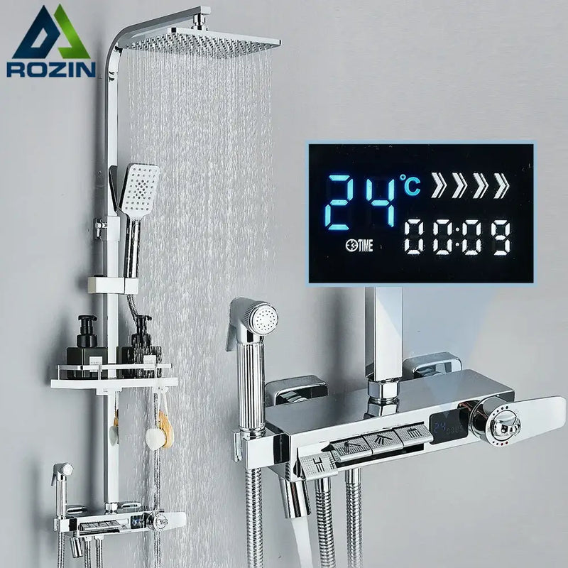 Chrome digital display shower system with tub spout bathroom