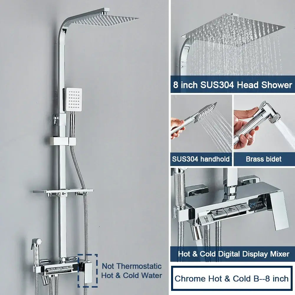 Chrome digital display shower system with tub spout bathroom