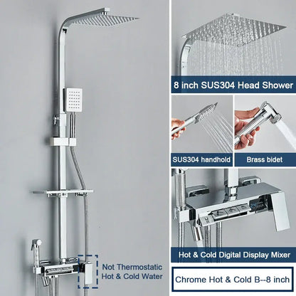 Chrome digital display shower system with tub spout bathroom