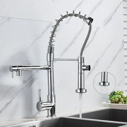 Chrome kitchen faucet with pull down spring hose