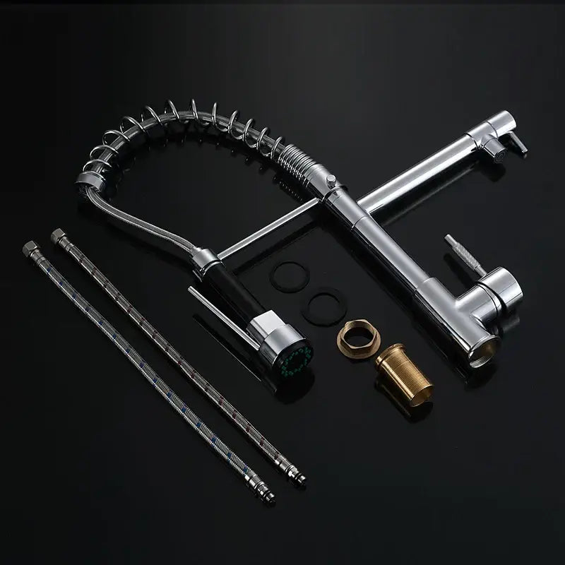 Chrome kitchen faucet with pull down spring hose