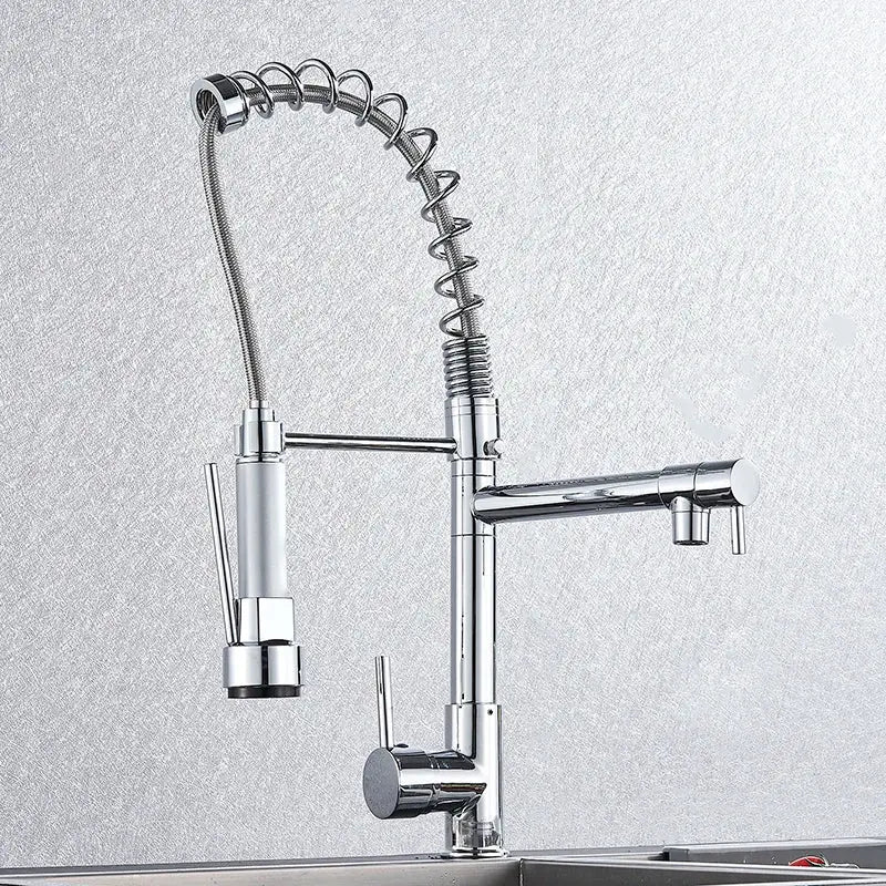Chrome kitchen faucet with pull down spring hose