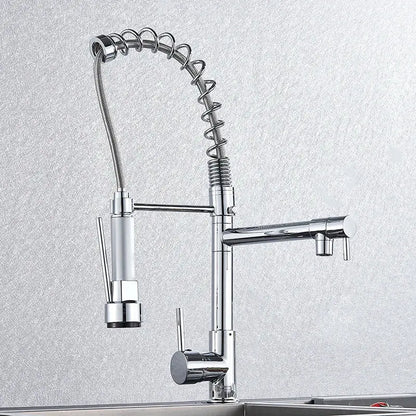 Chrome kitchen faucet with pull down spring hose