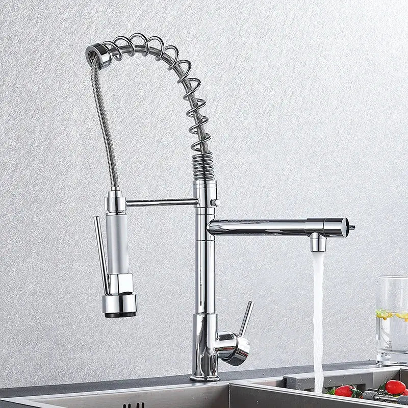 Chrome kitchen faucet with pull down spring hose