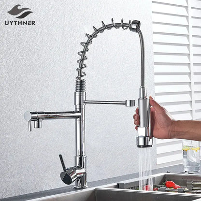 Chrome kitchen faucet with pull down spring hose