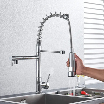 Chrome kitchen faucet with pull down spring hose