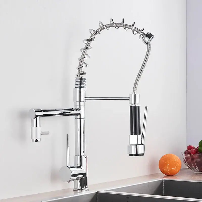 Chrome kitchen faucet with pull down spring hose