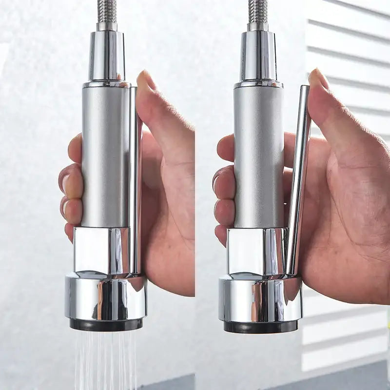 Chrome kitchen faucet with pull down spring hose
