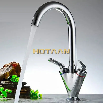 Chrome double handle kitchen sink mixer tap with swivel spout