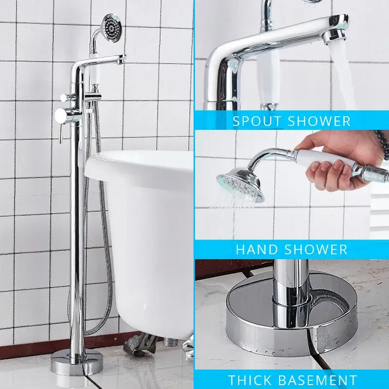 Chrome dual handle floor standing waterfall bathtub faucet bathroom set