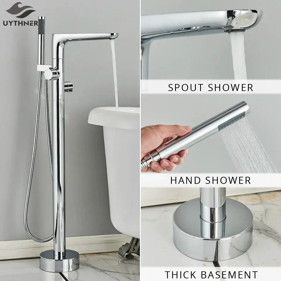 Chrome dual handle floor standing waterfall bathtub faucet bathroom set