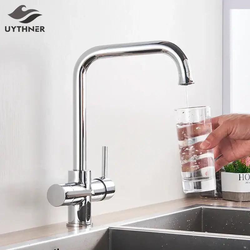 Chrome dual spout filter faucet kitchen sink tap with 360 rotation