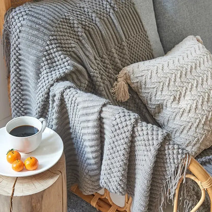 Chunky ribbed neutral & mustard knitted sofa blanket living room comfort