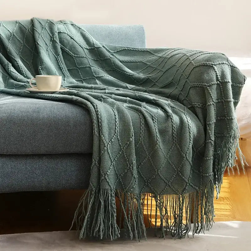Chunky ribbed neutral & mustard knitted sofa blanket living room comfort