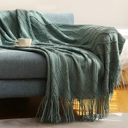 Chunky ribbed neutral & mustard knitted sofa blanket living room comfort