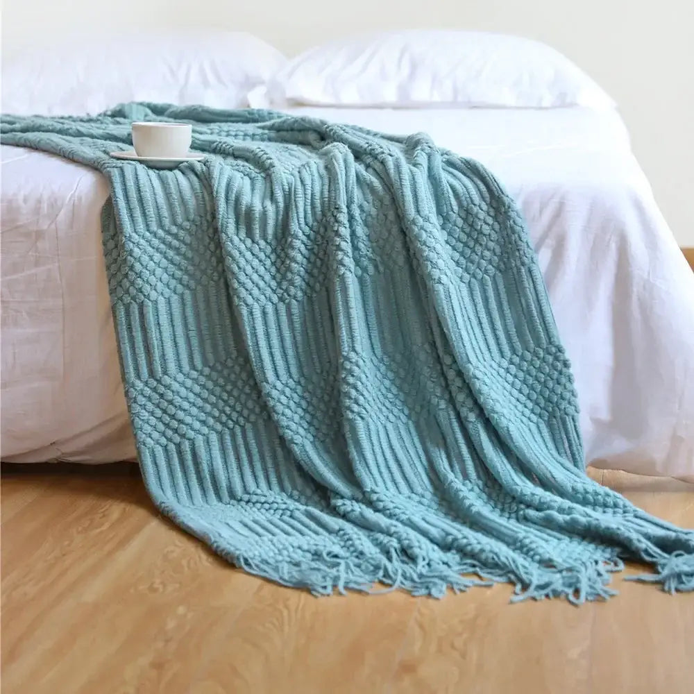 Chunky ribbed neutral & mustard knitted sofa blanket living room comfort