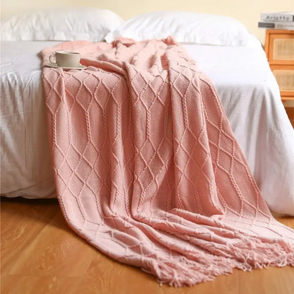 Chunky ribbed neutral & mustard knitted sofa blanket living room comfort
