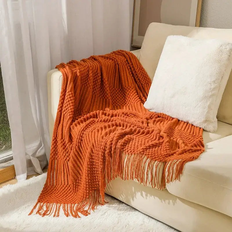 Chunky ribbed neutral & mustard knitted sofa blanket living room comfort