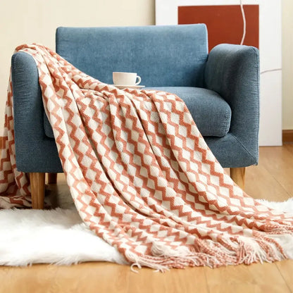 Chunky ribbed neutral & mustard knitted sofa blanket living room comfort