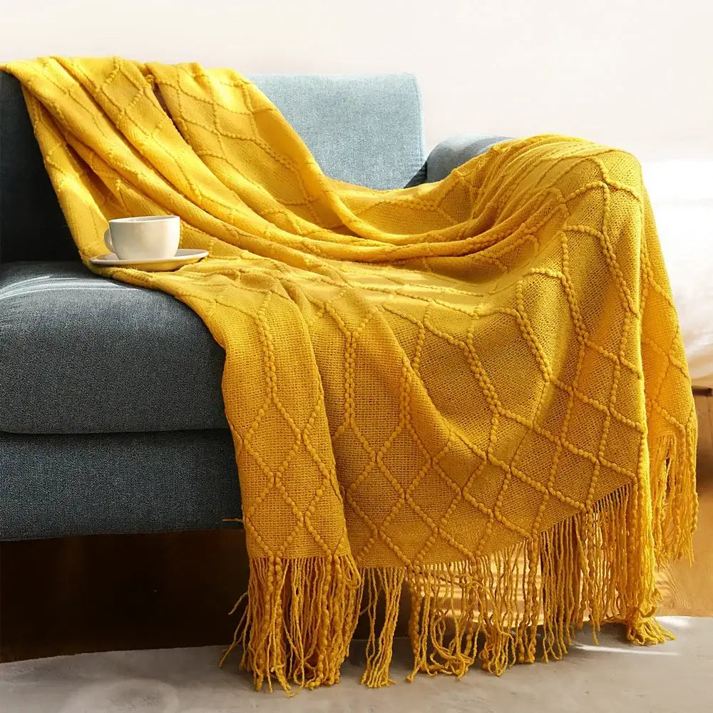 Chunky ribbed neutral & mustard knitted sofa blanket living room comfort