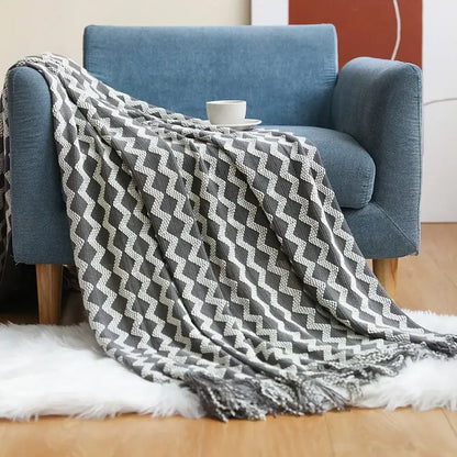 Chunky ribbed neutral & mustard knitted sofa blanket living room comfort