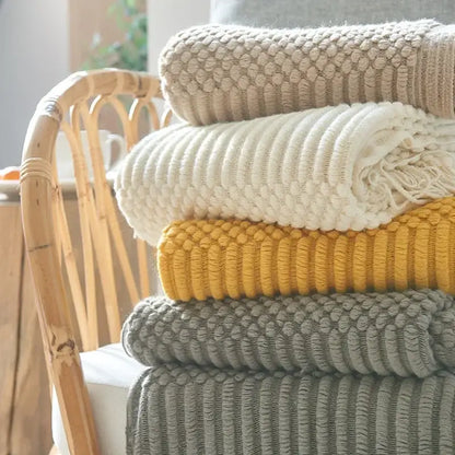 Chunky ribbed neutral & mustard knitted sofa blanket living room comfort