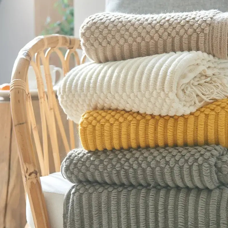 Chunky ribbed neutral & mustard knitted sofa blanket living room comfort