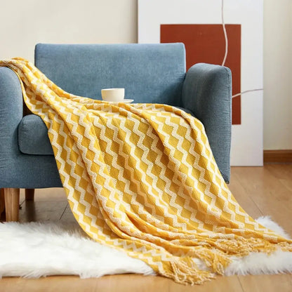 Chunky ribbed neutral & mustard knitted sofa blanket living room comfort