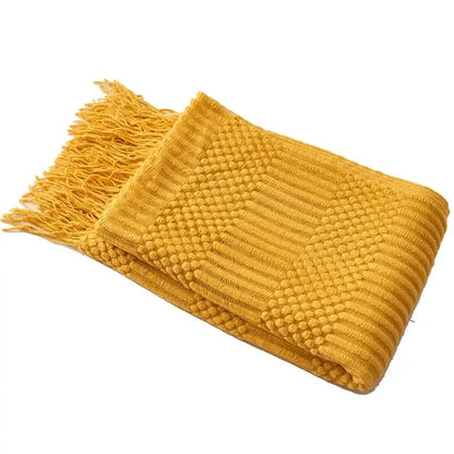 Chunky ribbed neutral & mustard knitted sofa blanket living room comfort