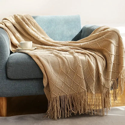 Chunky ribbed neutral & mustard knitted sofa blanket living room comfort