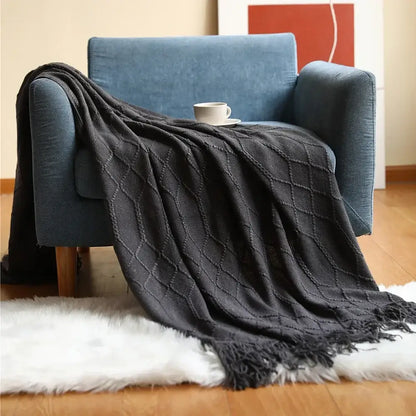 Chunky ribbed neutral & mustard knitted sofa blanket living room comfort