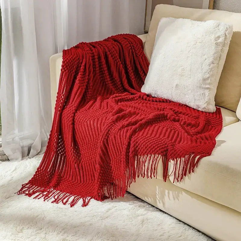 Chunky ribbed neutral & mustard knitted sofa blanket living room comfort