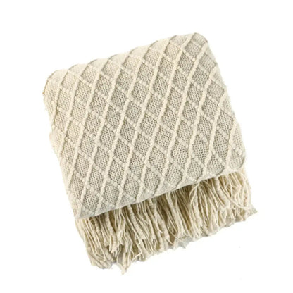 Chunky ribbed neutral & mustard knitted sofa blanket living room comfort