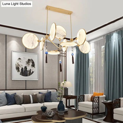 DecorBites™ Circular Fan Island Lamp: Modern Acrylic LED Suspension Light with Landscape Print – Perfect for Tearooms