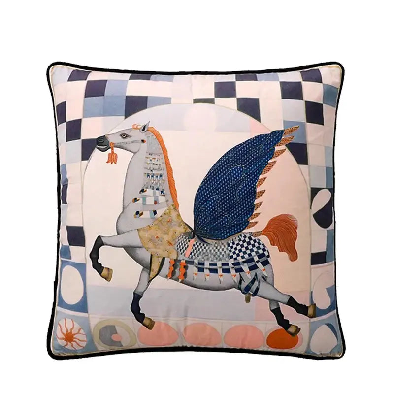 Circus horse print blue velvet cushion cover living room decor