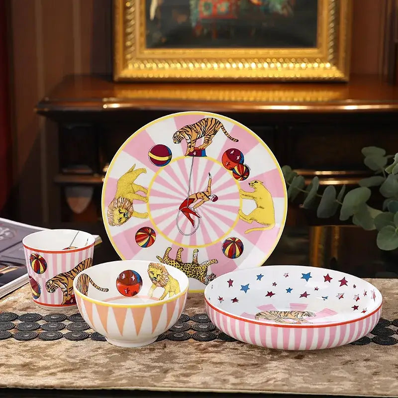 Circus troup kids pink & white ceramic tableware set dining room